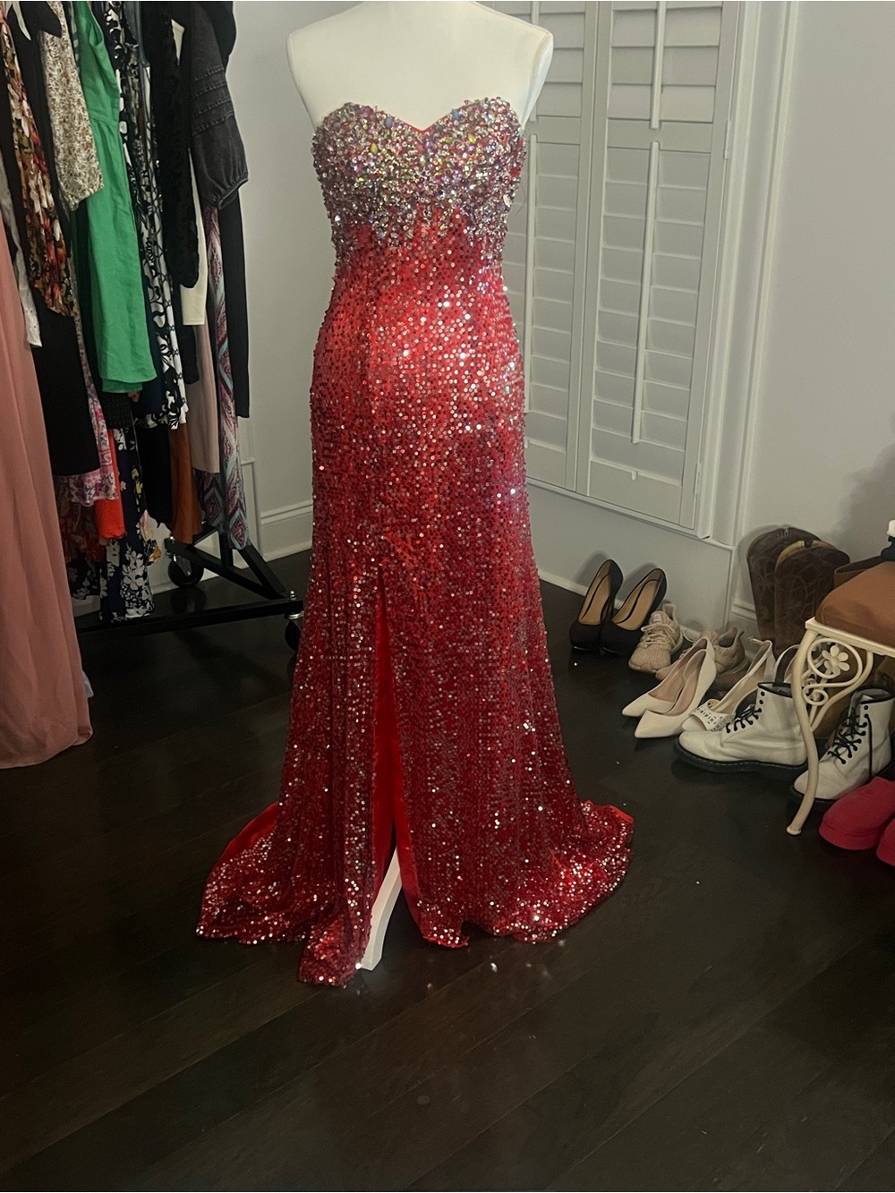 Splash Red Strapless Sequin Evening Gown